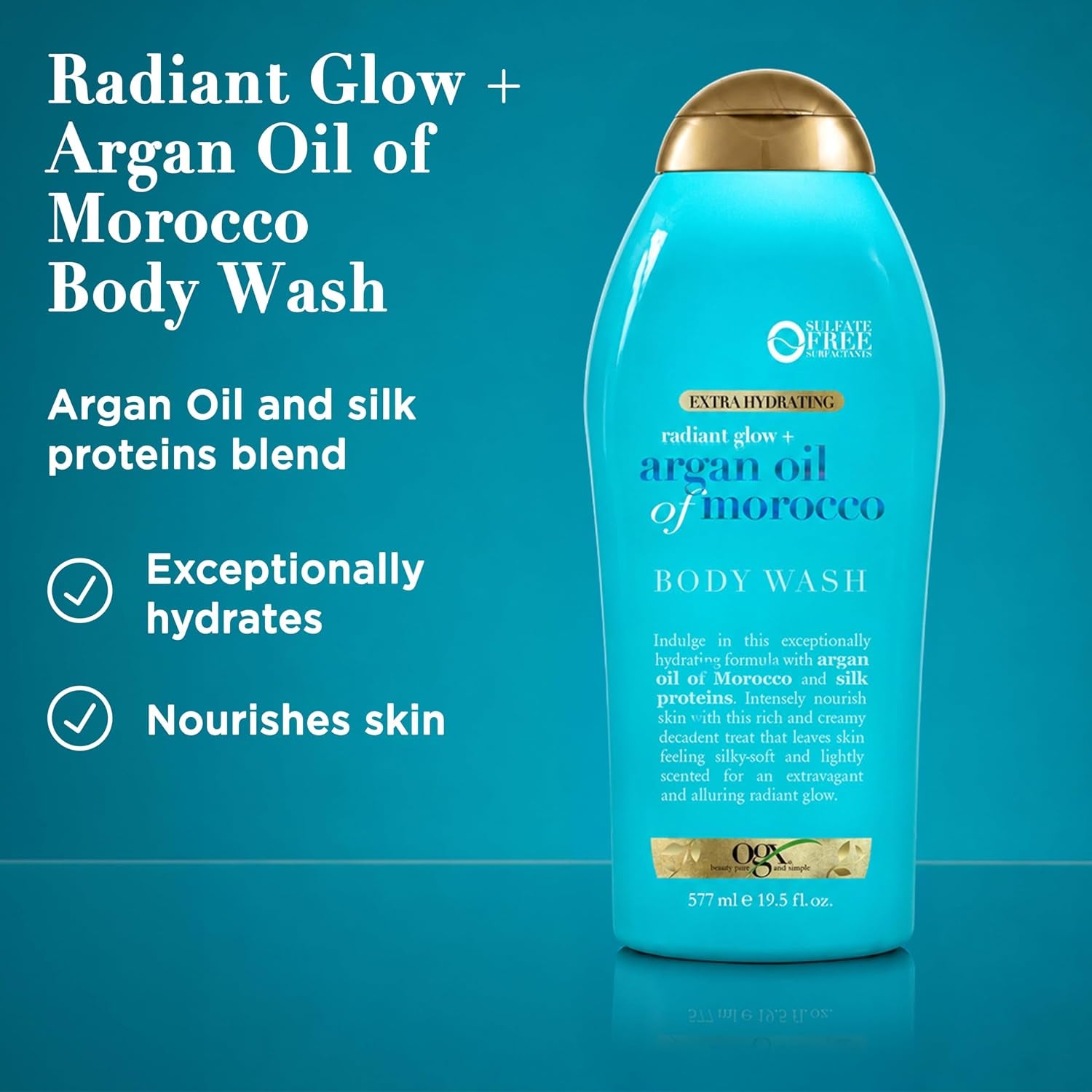 Experience Radiant Skin with OGX Radiant Glow + Argan Oil of Morocco Body Wash - 19.5 Fl Oz of Extra Hydration for Silky Softness
