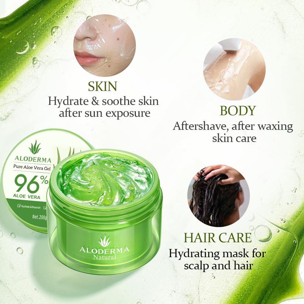 Revitalize Your Skin with 96% Pure Organic Aloe Vera Gel - Soothing Hydration for Face, Scalp, & Hair - 7.05 Oz