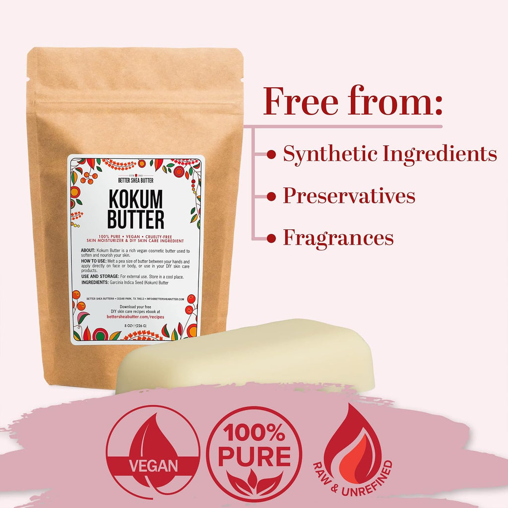 Raw Kokum Butter - Unrefined Body Butter Bar for DIY Skin & Hair Care - Pure, Unscented Moisturizer - 8 Oz Block