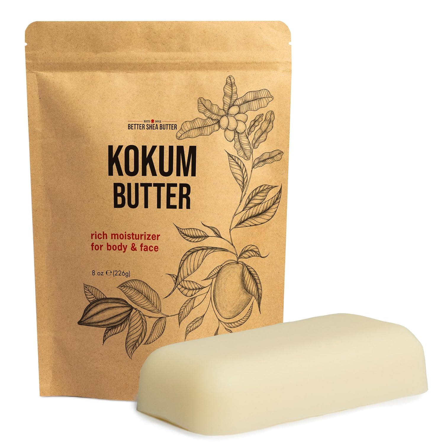 Raw Kokum Butter - Unrefined Body Butter Bar for DIY Skin & Hair Care - Pure, Unscented Moisturizer - 8 Oz Block